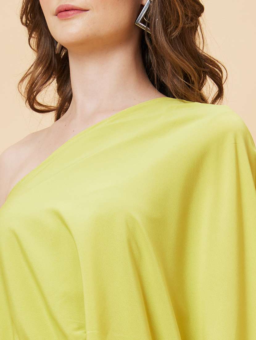 globus women yellow kimono sleeves one shoulder gathered waist fit & flare side slit maxi dress - 21193430 - Standard Image - 5