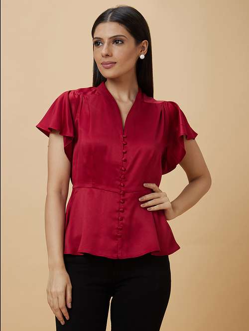 globus women red v neck flutter sleeve peplum party top - 21193432 -  Standard Image - 0