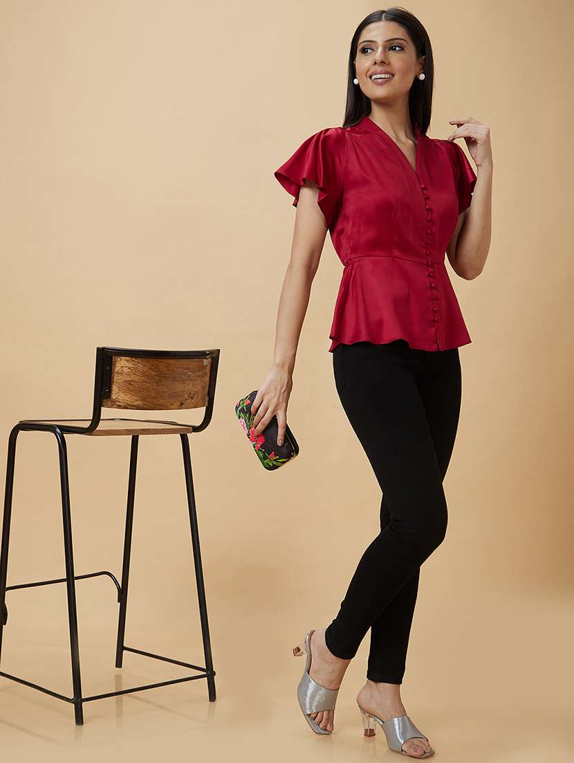 globus women red v neck flutter sleeve peplum party top - 21193432 -  Standard Image - 3