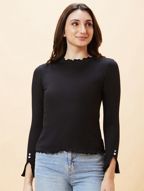 globus women black long sleeve ribbed mock neck lettuce edge top - 21193434 - Standard Image - 0