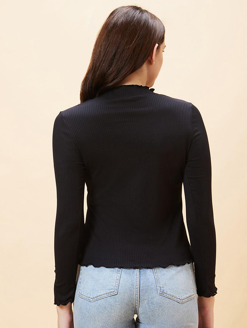globus women black long sleeve ribbed mock neck lettuce edge top - 21193434 - Standard Image - 3