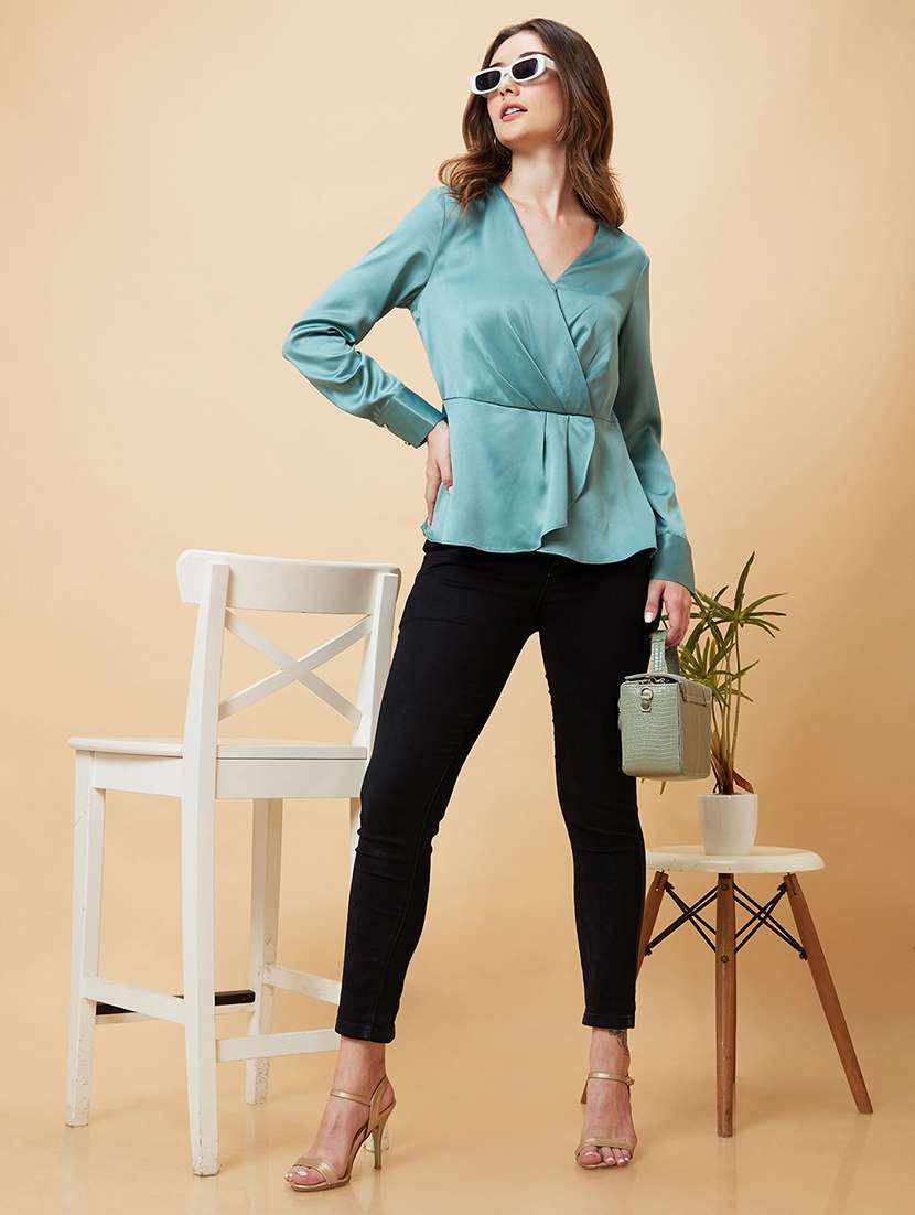 globus women green long cuffed sleeves v neck wrap party top - 21193437 -  Standard Image - 3