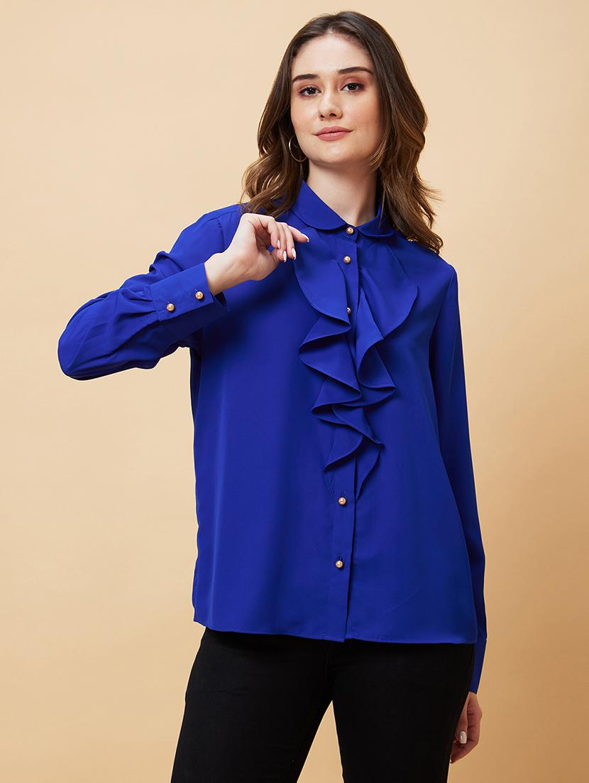globus women blue cuffed sleeves ruffles shirt style top - 21193439 -  Zoom Image - 0