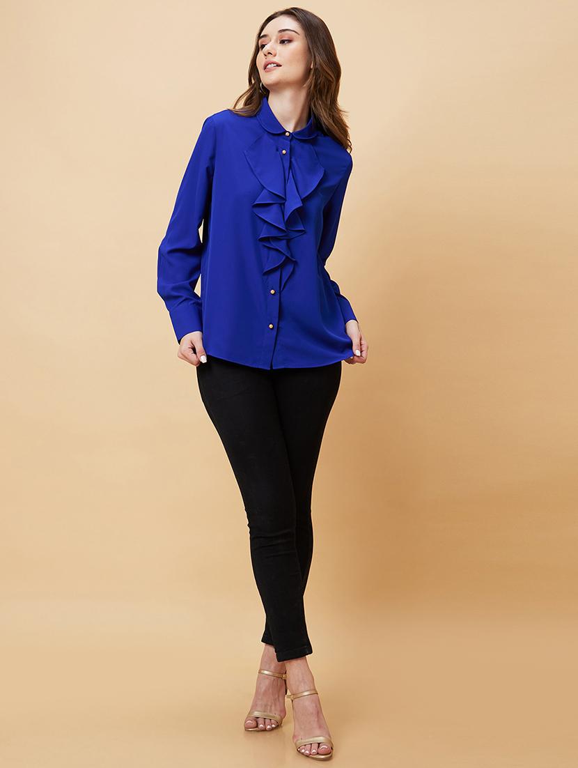 globus women blue cuffed sleeves ruffles shirt style top - 21193439 - Standard Image - 3