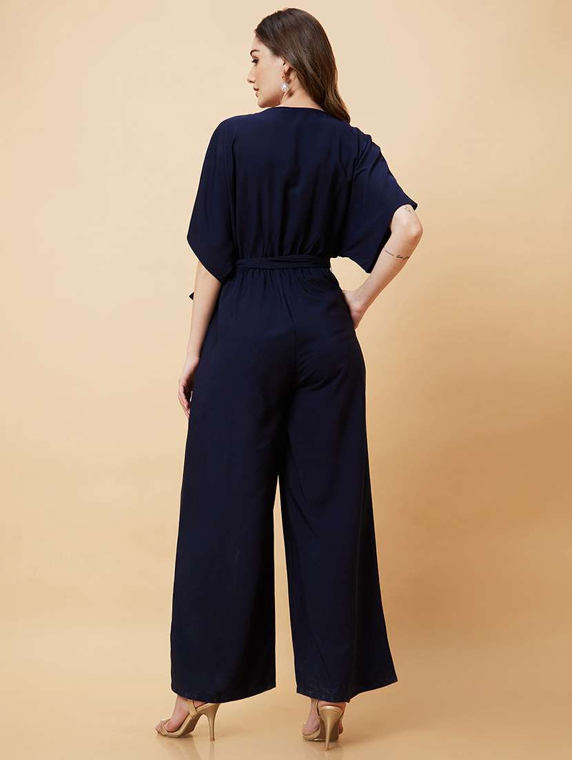 globus women navy round neck with v cut & kimono sleeves waist tie-up longline jumpsuit - 21193474 -  Standard Image - 3