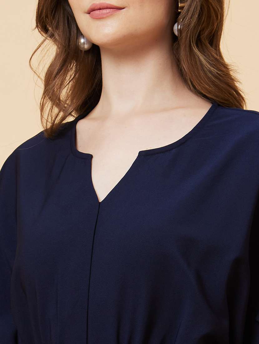 globus women navy round neck with v cut & kimono sleeves waist tie-up longline jumpsuit - 21193474 -  Standard Image - 5