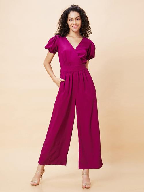 globus women purple wrap neck puff sleeves back waist tie-up long jumpsuit - 21193475 -  Standard Image - 0