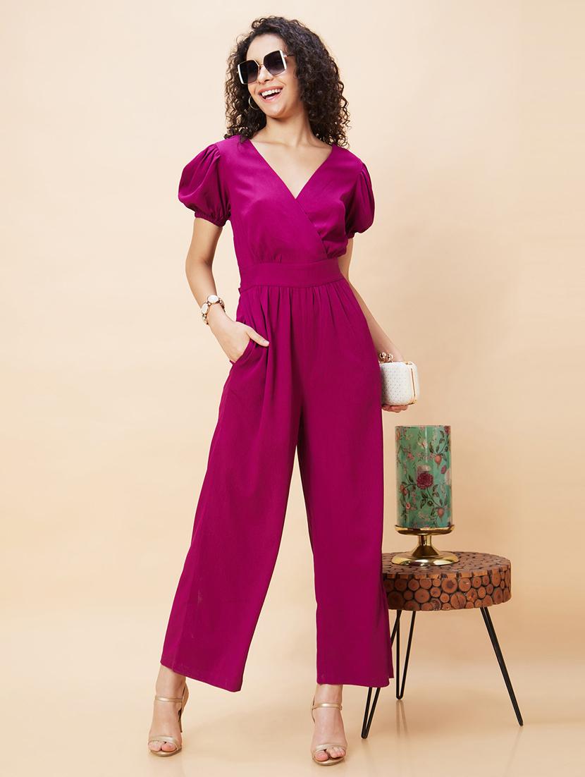 globus women purple wrap neck puff sleeves back waist tie-up long jumpsuit - 21193475 - Standard Image - 3
