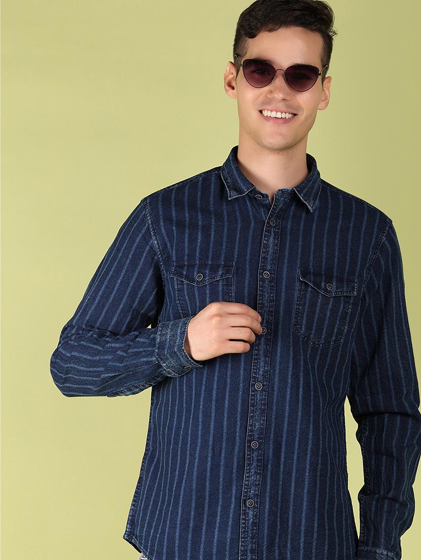 men blue striped regular fit collared casual shirt - 21194988 - Standard Image - 3