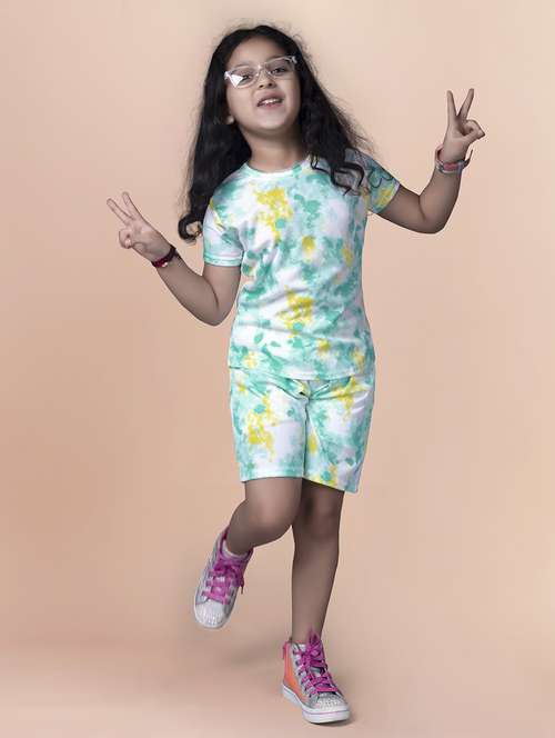girls round neck tie & dye shorts set  - 21198238 -  Standard Image - 0
