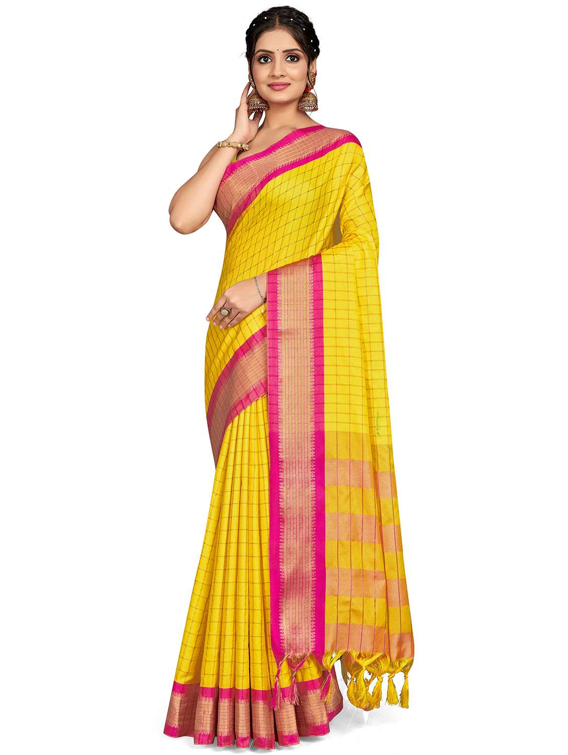 yellow checkered handloom saree with blouse