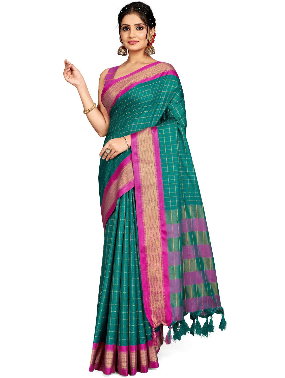 women checkered handloom saree with blouse
