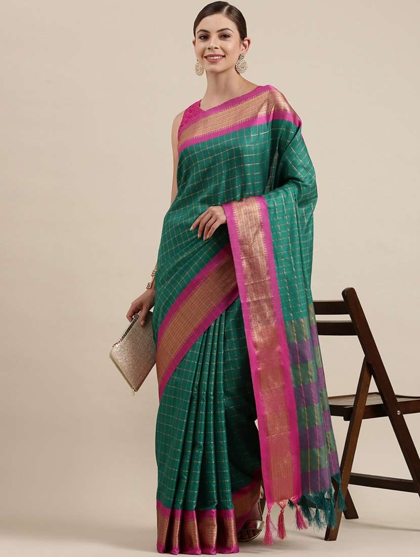 women checkered handloom saree with blouse
