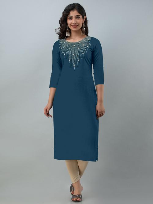 teal rayon straight kurta - 21219881 - Standard Image - 0