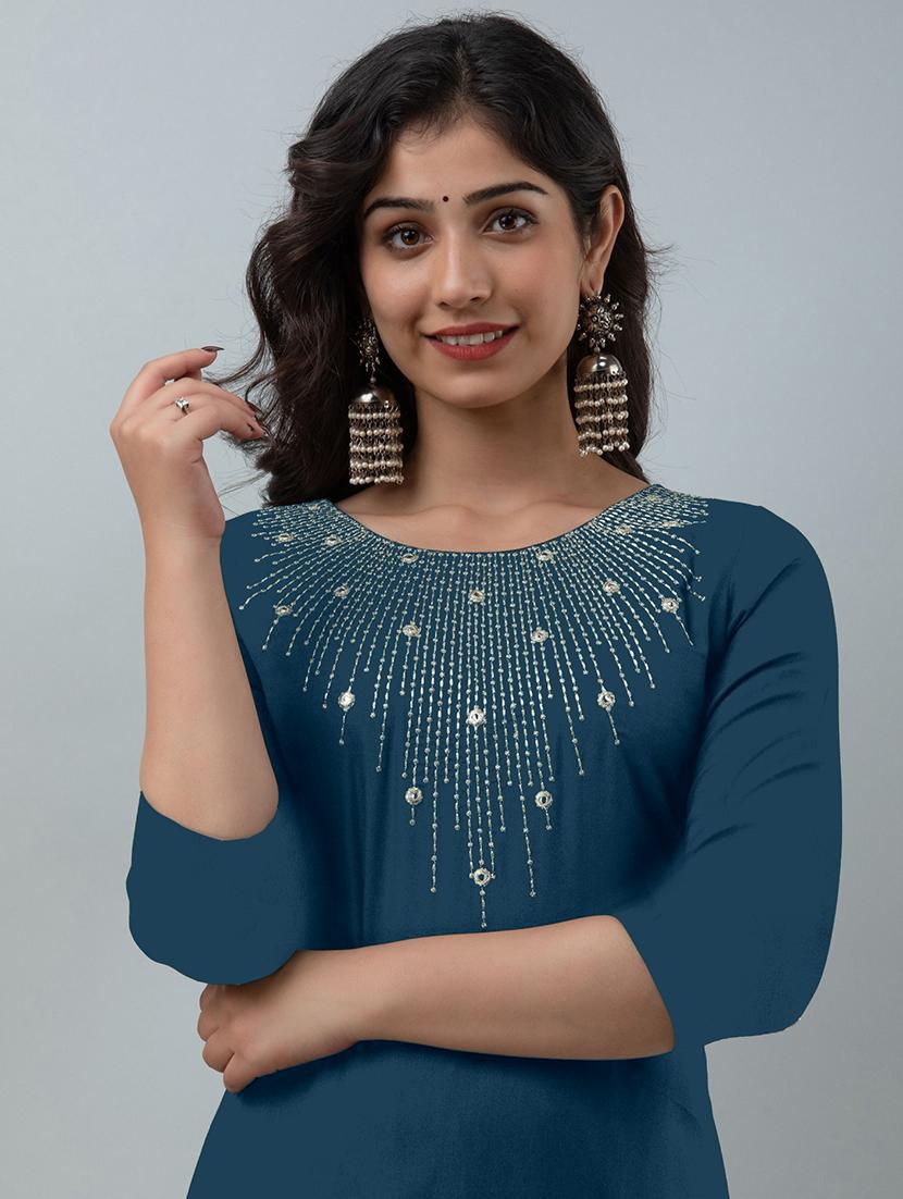 teal rayon straight kurta - 21219881 - Standard Image - 3