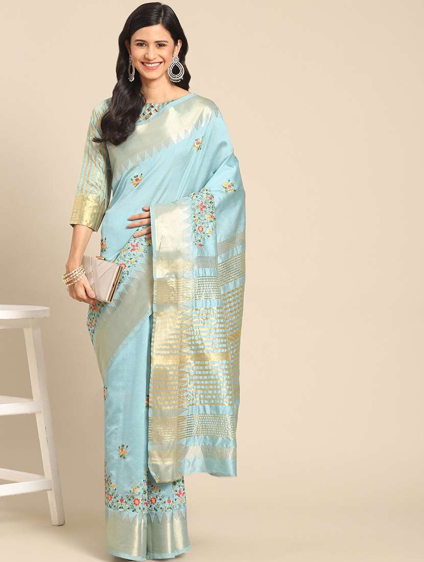 light blue cotton silk embroidered saree with blouse - 21221233 - Zoom Image - 0
