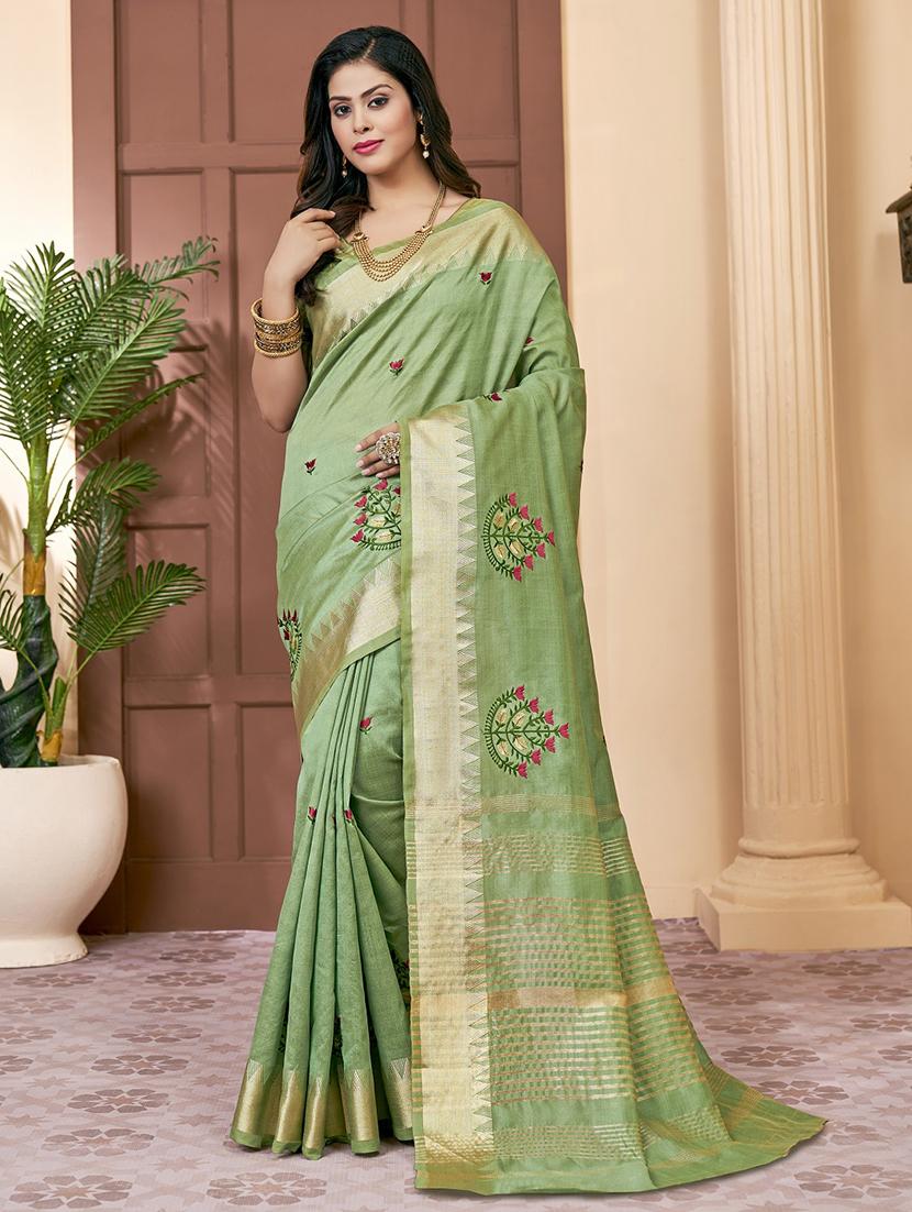 green assam silk embroidered saree with blouse - 21221235 - Zoom Image - 0