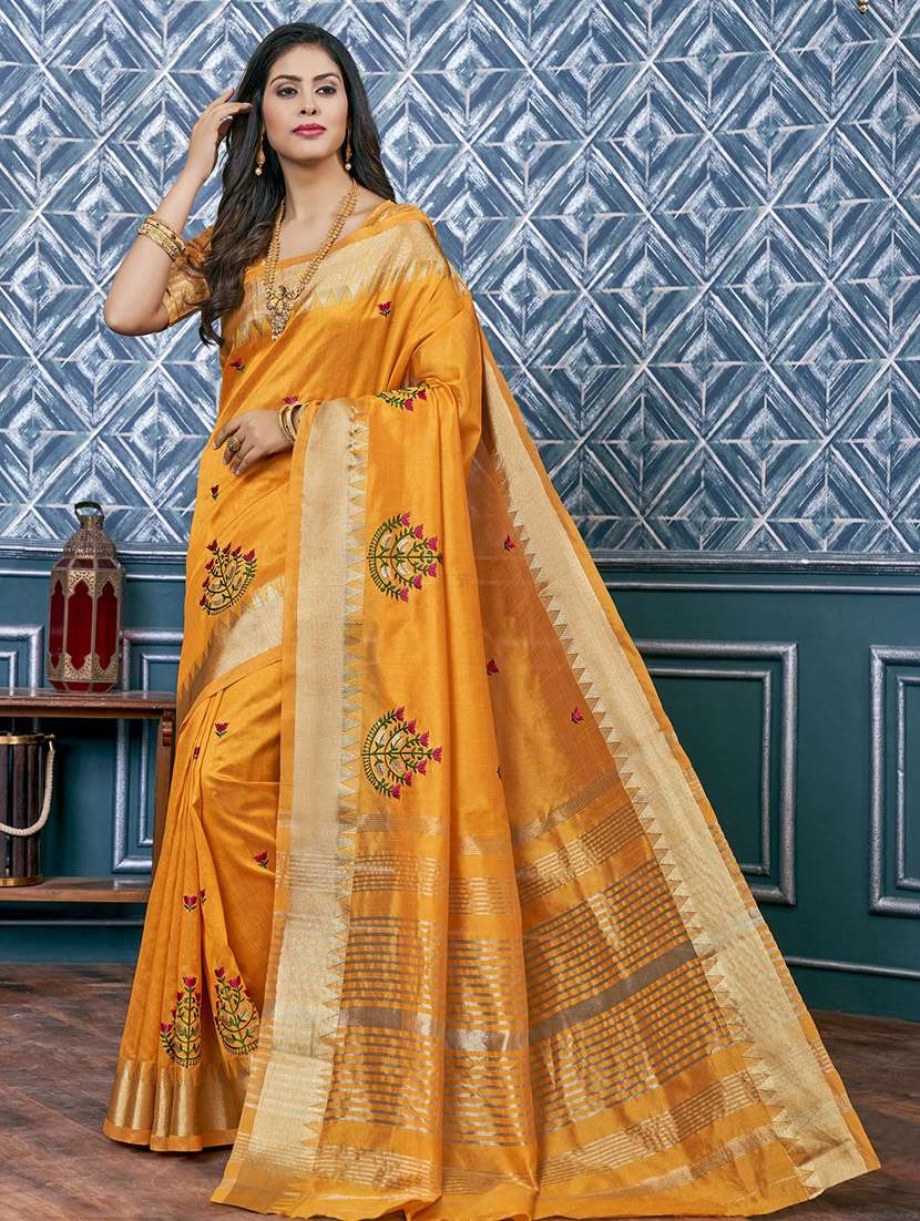 yellow assam silk embroidered saree with blouse - 21221236 - Zoom Image - 0