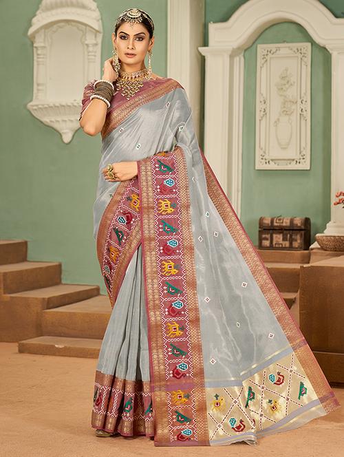 grey jacquard embroidered saree with blouse - 21221244 - Standard Image - 0