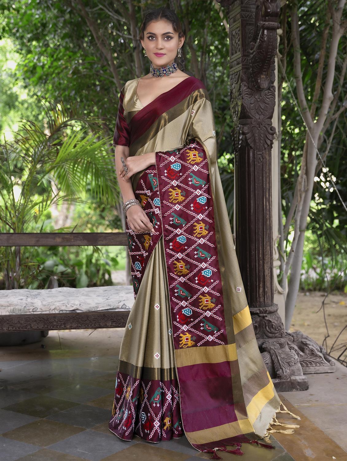 beige cotton silk embroidered saree with blouse - 21221246 - Zoom Image - 0