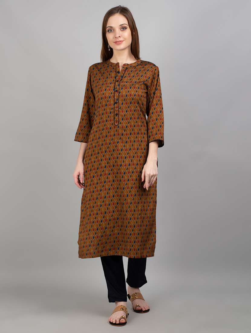 women mustard ikat mandarin neck kurta pant set