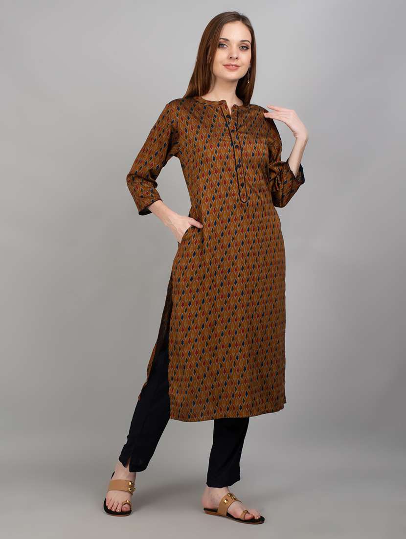 women mustard ikat mandarin neck kurta pant set - 21221420 -  Standard Image - 3