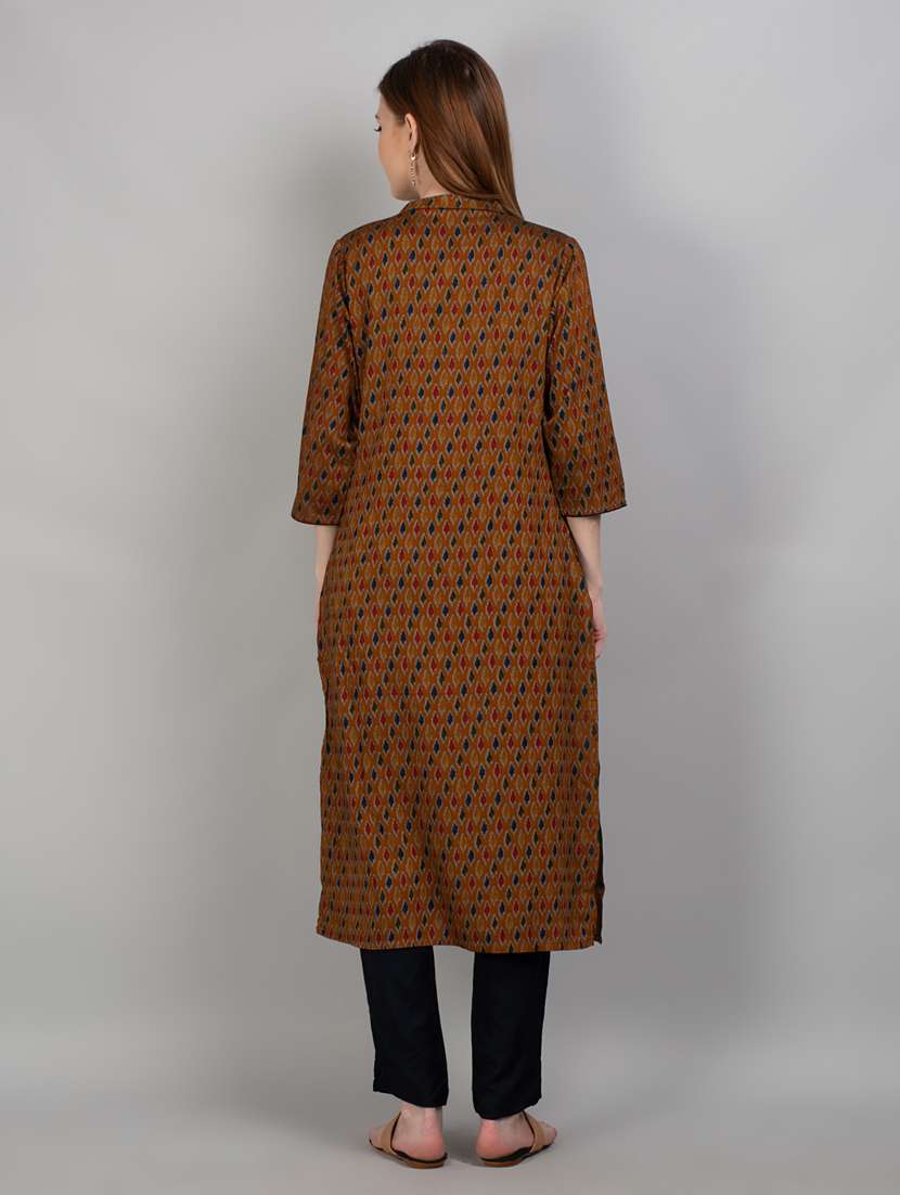 women mustard ikat mandarin neck kurta pant set - 21221420 -  Standard Image - 5