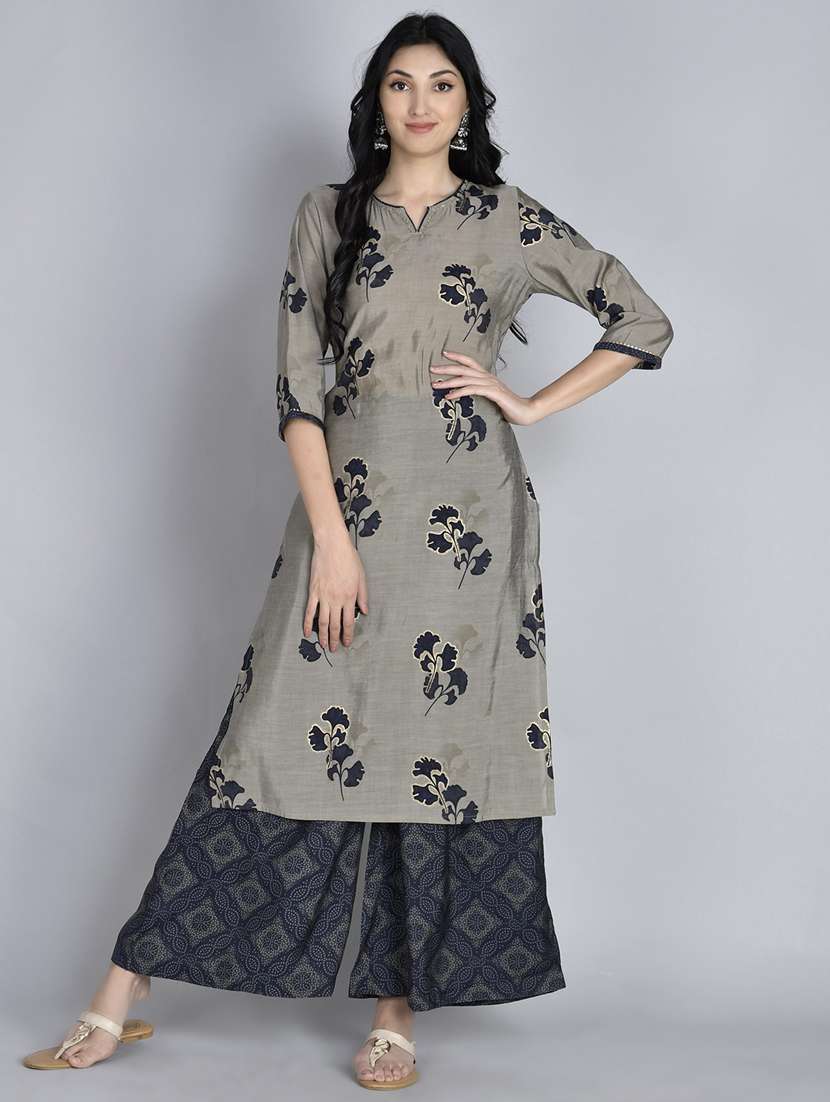 women grey floral notch neck kurta palazzo set 
