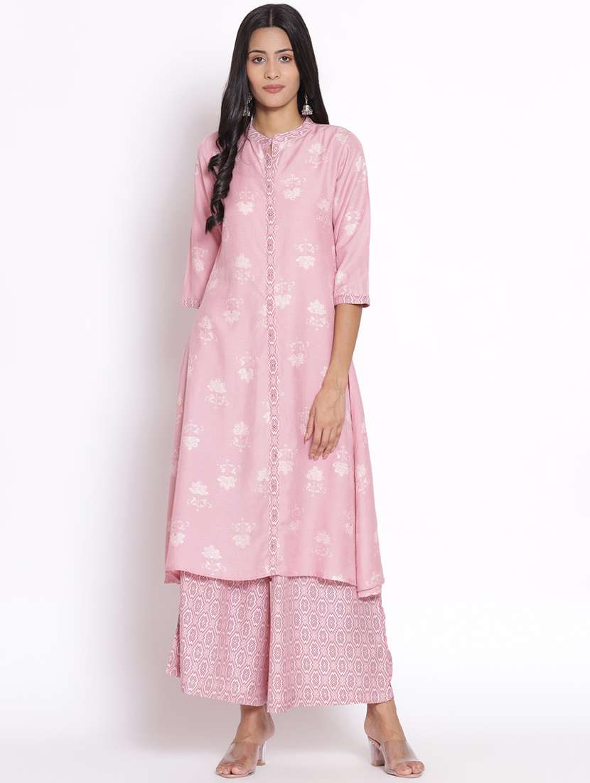 women pink floral mandarin neck kurta palazzo set - 21221439 -  Standard Image - 3