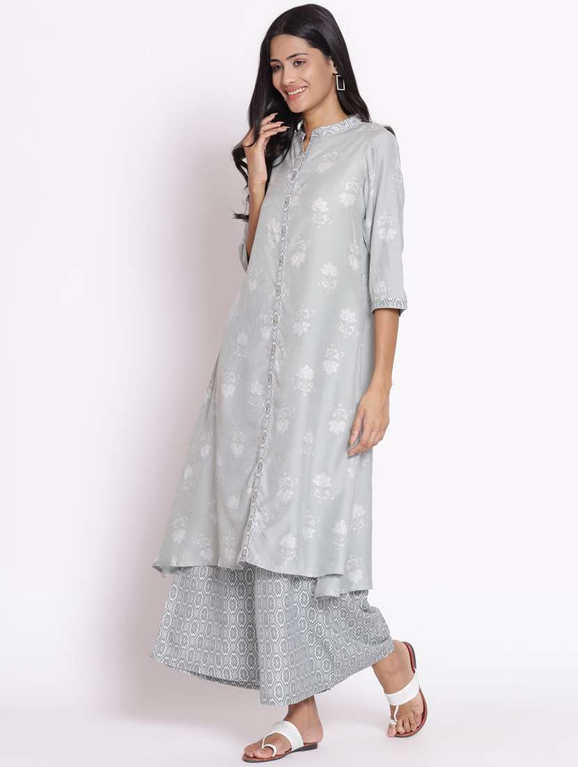 women grey floral mandarin neck kurta palazzo set - 21221440 -  Standard Image - 3