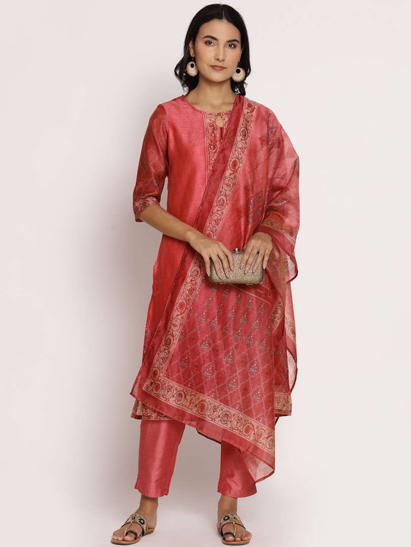 women three quarter sleeve kurta pant with dupatta set