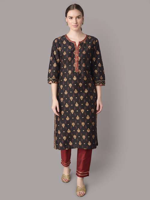 women black printed notch neck kurta pant set - 21221463 -  Standard Image - 0
