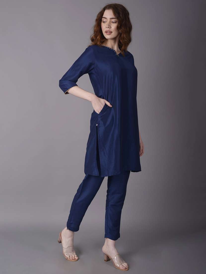 women navy blue solid kurt pant set with long shrug - 21221523 -  Standard Image - 3
