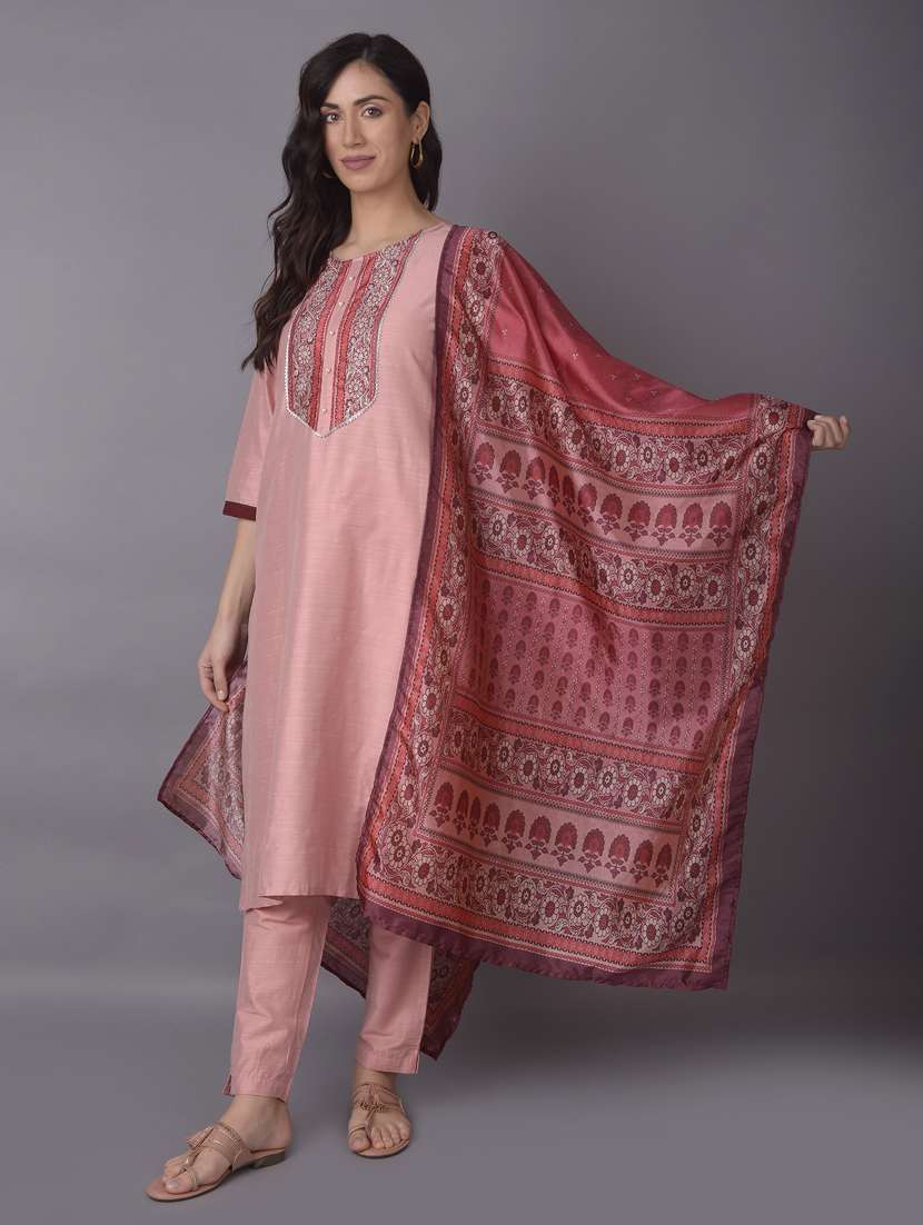 women three quarter sleeve kurta pant with dupatta set