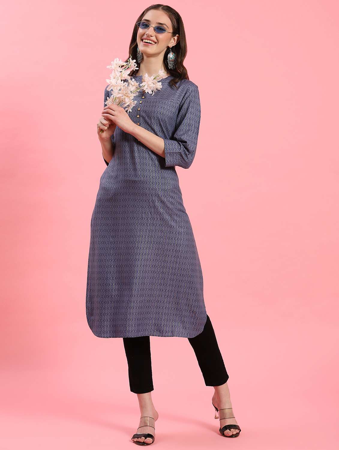 women grey mandarin neck kurta 