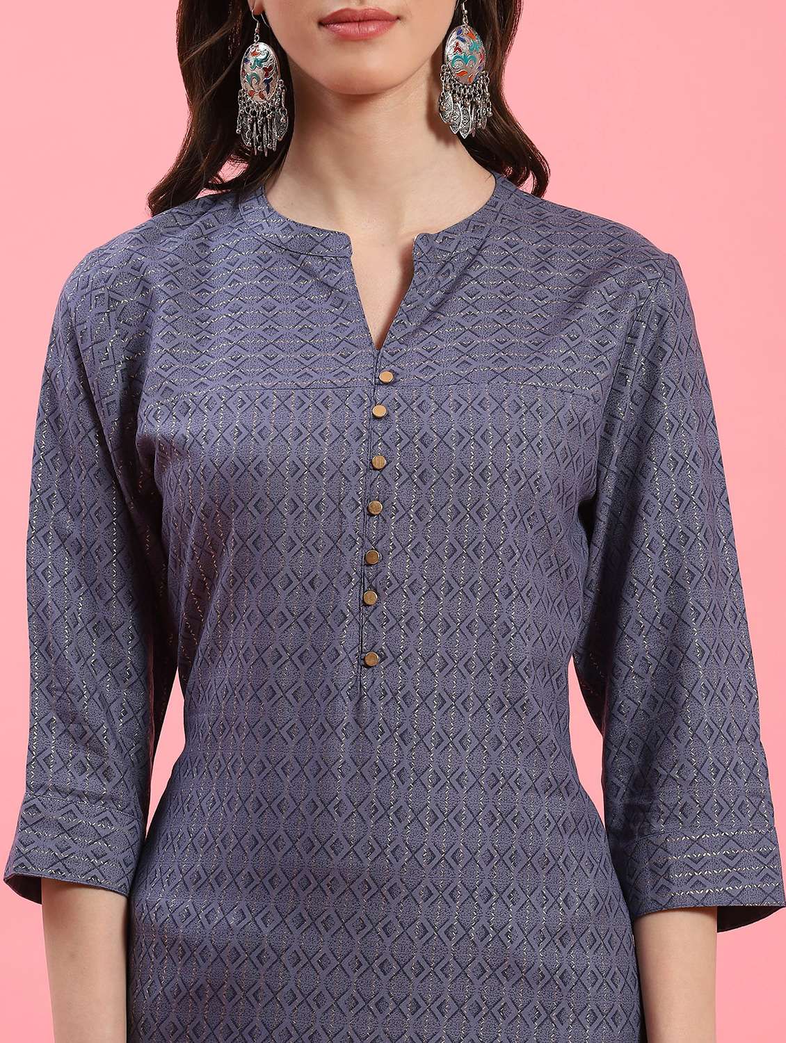 women grey mandarin neck kurta  - 21221576 -  Standard Image - 3