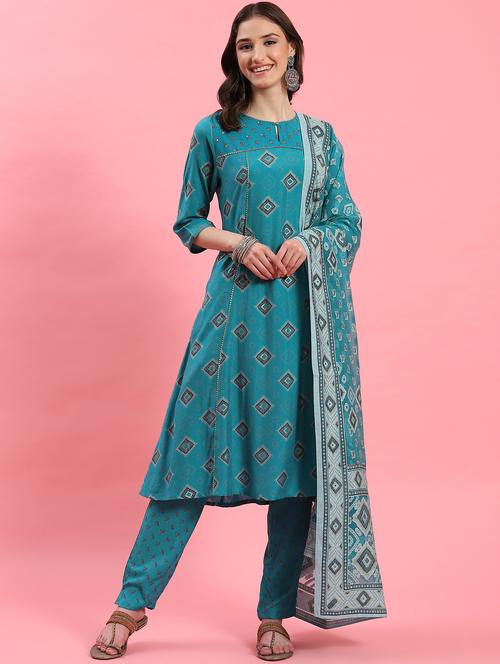 women teal printed kurta pant set with dupatta - 21221582 - Standard Image - 0