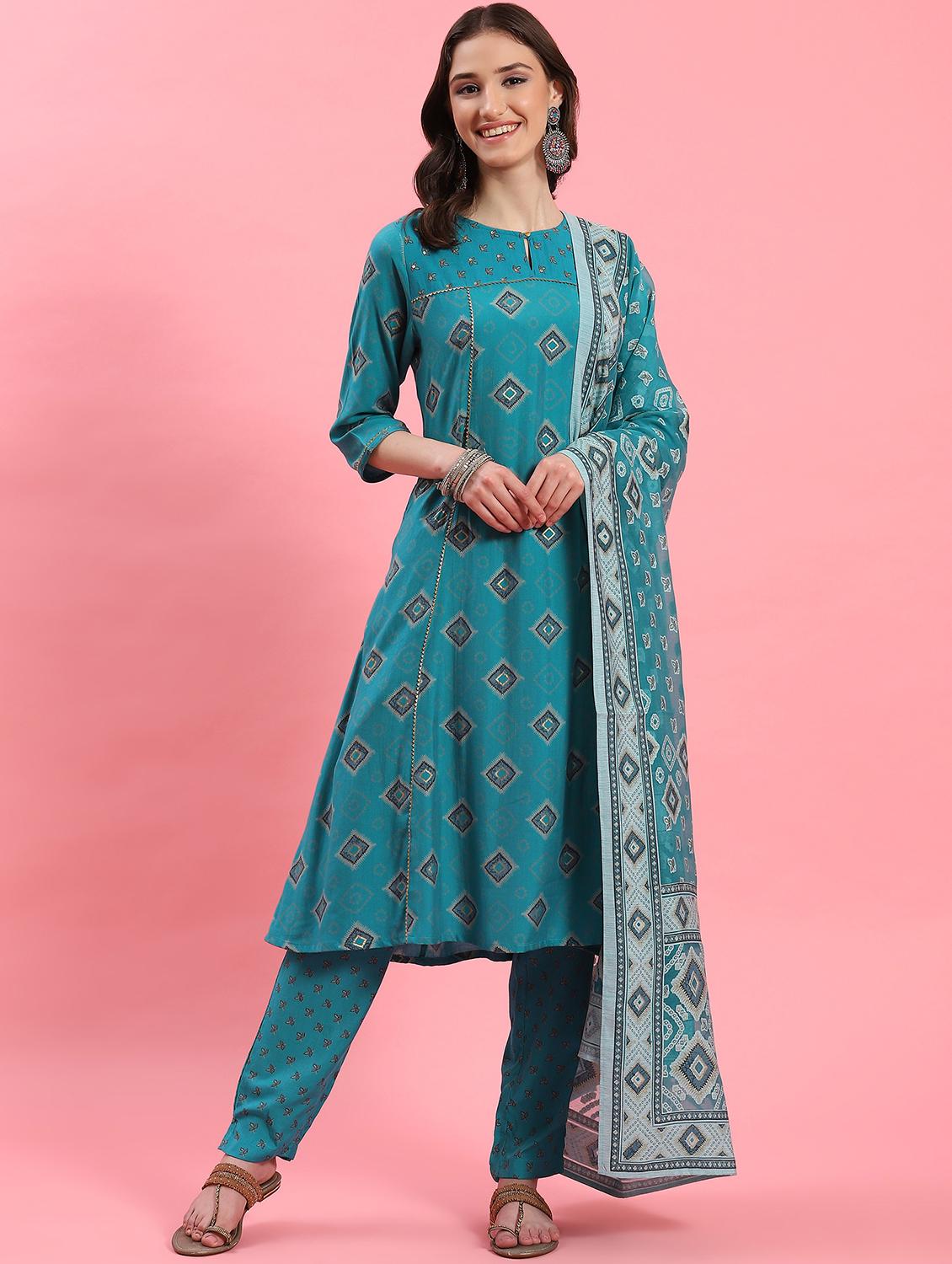 women teal printed kurta pant set with dupatta - 21221582 - Zoom Image - 0