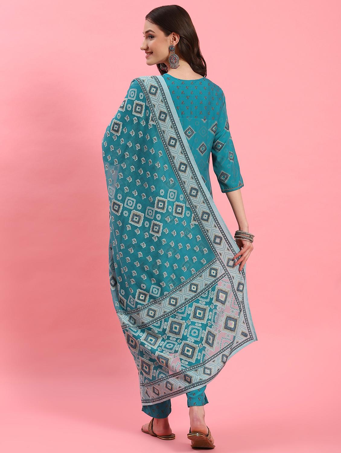 women teal printed kurta pant set with dupatta - 21221582 - Standard Image - 3