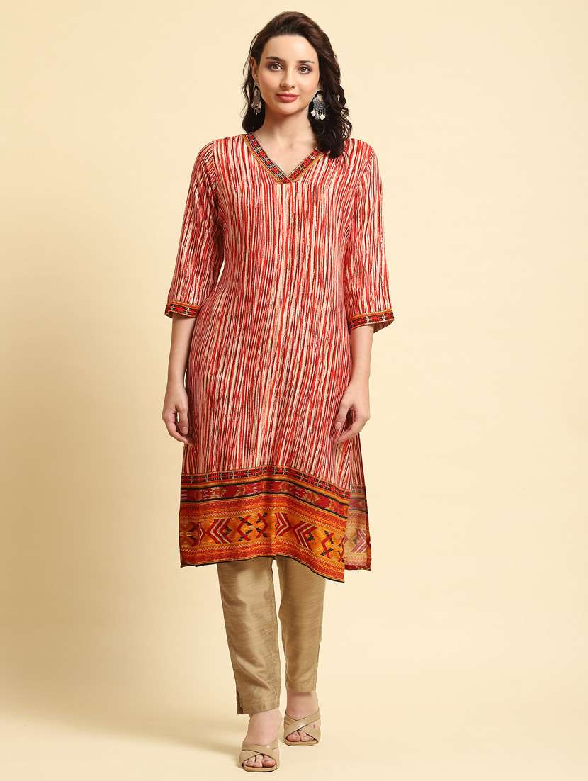 women v-neck printed straight kurta
