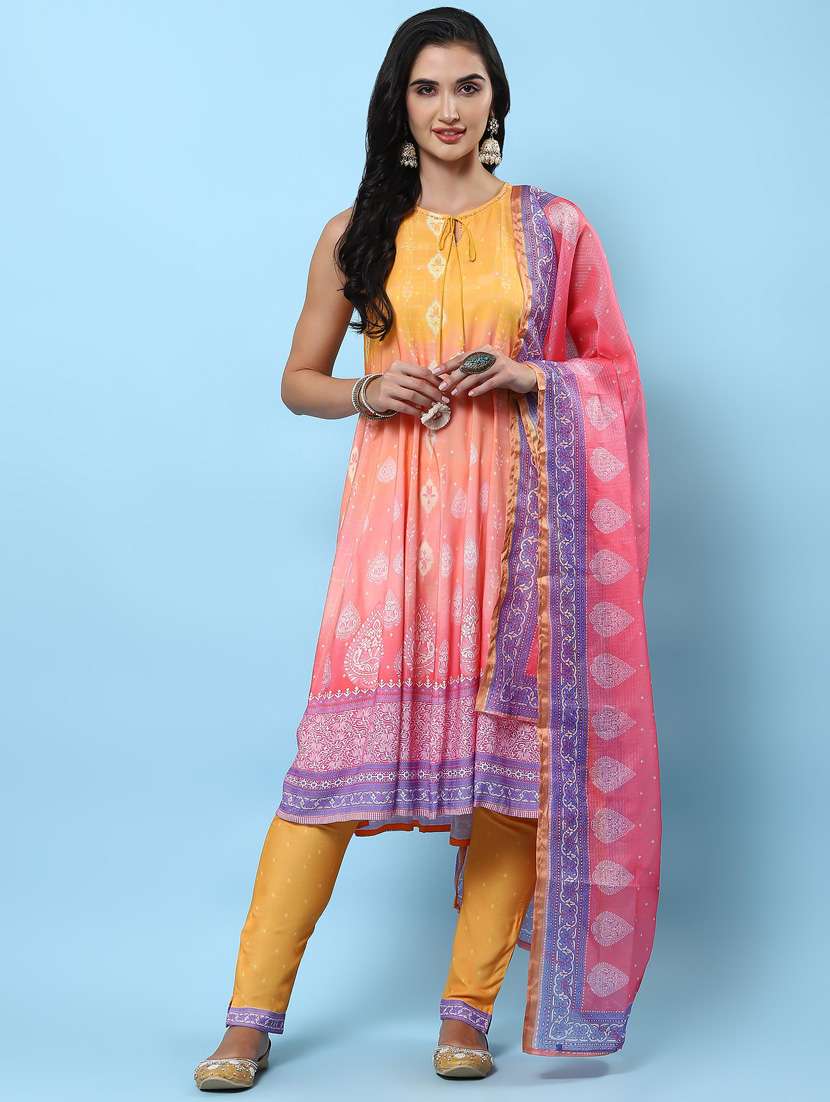 women printed sleeveless kurta pant with dupatta set
