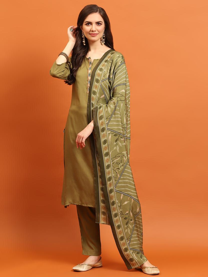 olive rayon kurta dupatta set - 21221603 - Zoom Image - 0