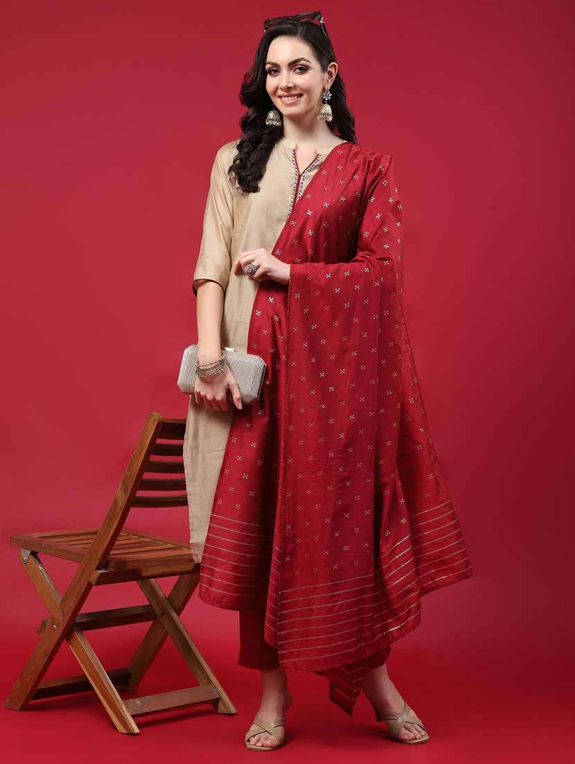 beige chanderi kurta dupatta  set - 21221612 -  Standard Image - 5