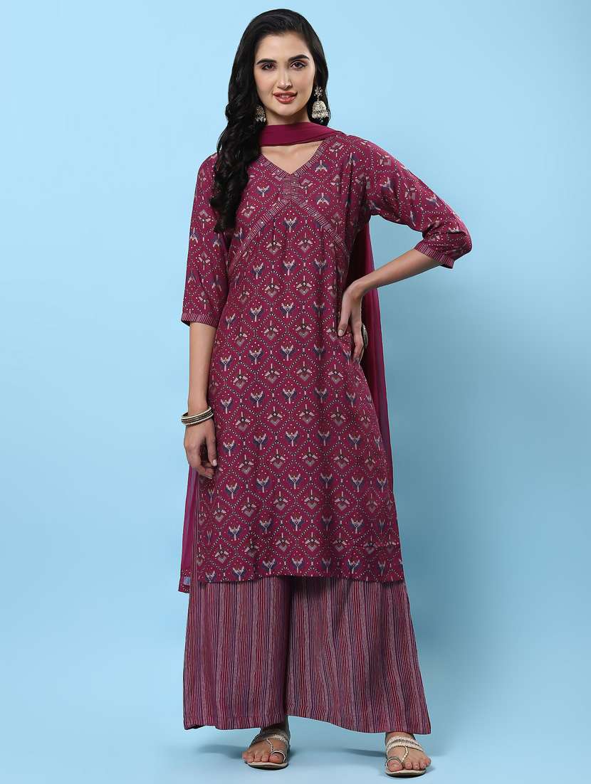 women three quarter sleeve kurta palazzo with dupatta set