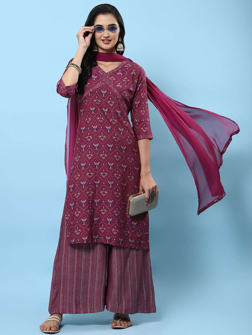 women three quarter sleeve kurta palazzo with dupatta set - 21221630 -  Standard Image - 5