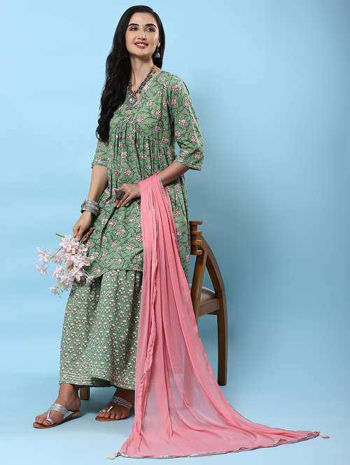 green cotton kurta dupatta  set - 21221651 -  Standard Image - 0