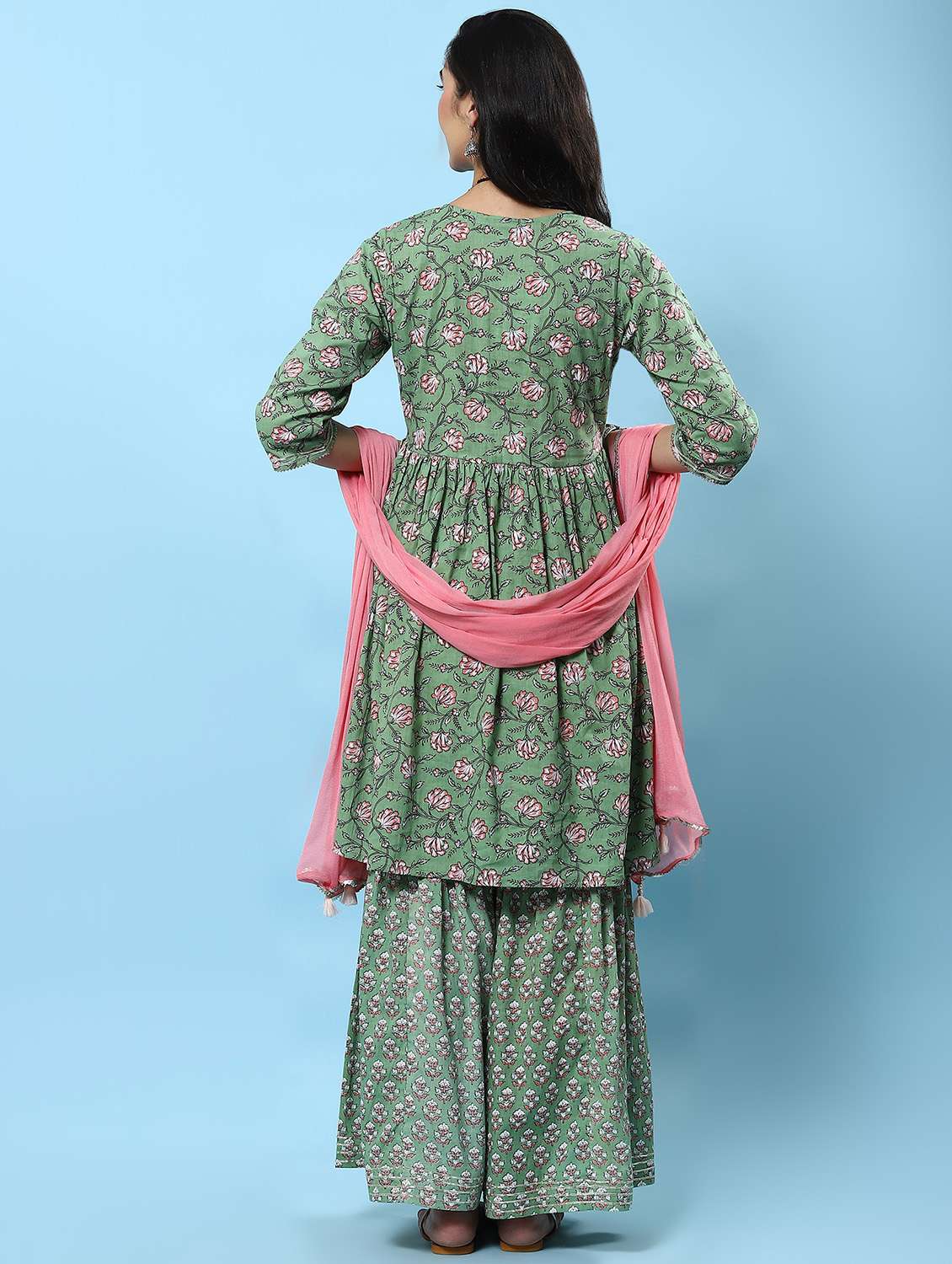 green cotton kurta dupatta set - 21221651 - Standard Image - 3