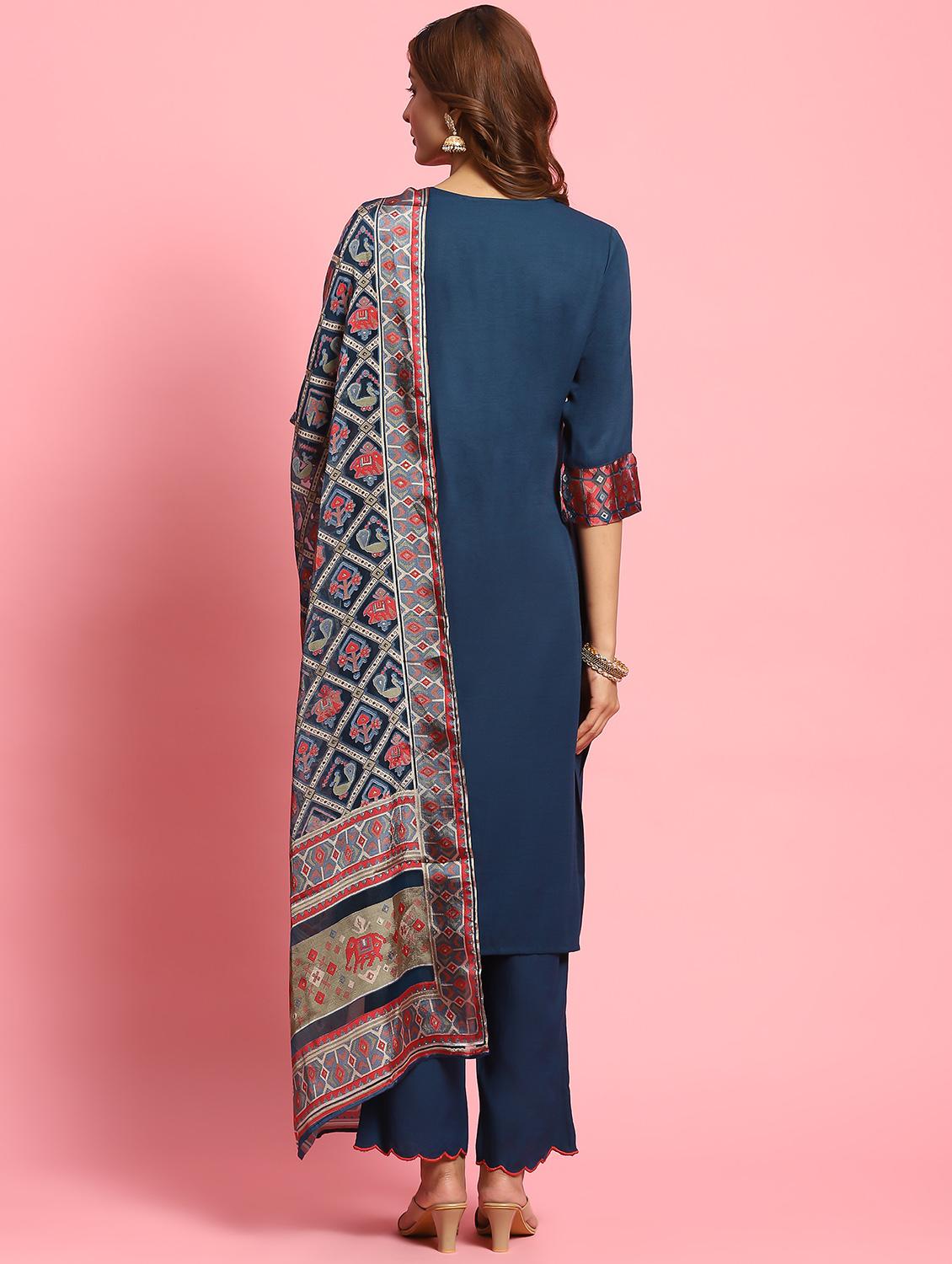 teal silk blend kurta dupatta set - 21221655 - Standard Image - 3