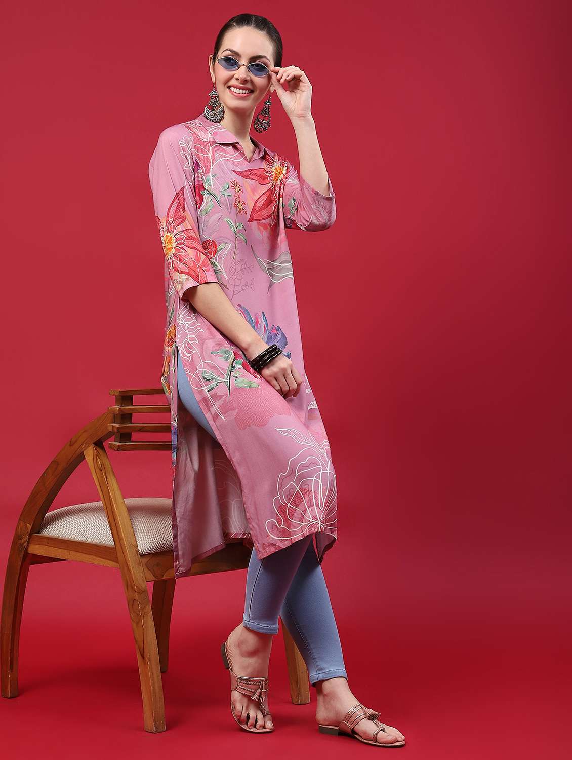women three quarter sleeve straight kurta