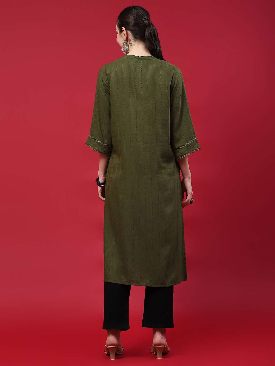 women olive self deisgn kurta  - 21221695 -  Standard Image - 3
